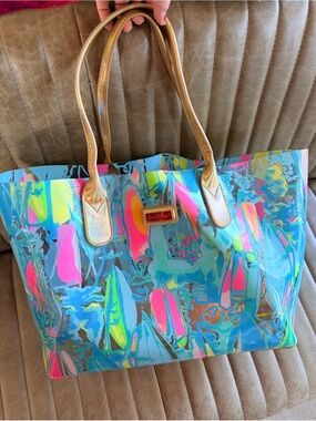 Lilly Pulitzer Gold and clear neon Abstract Print Tote Bag with Gold Handles